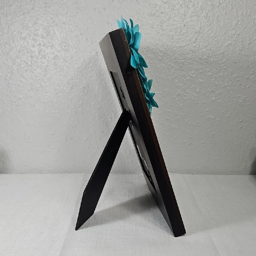 Rustic Wooden Photo Frame with Teal Floral Accents